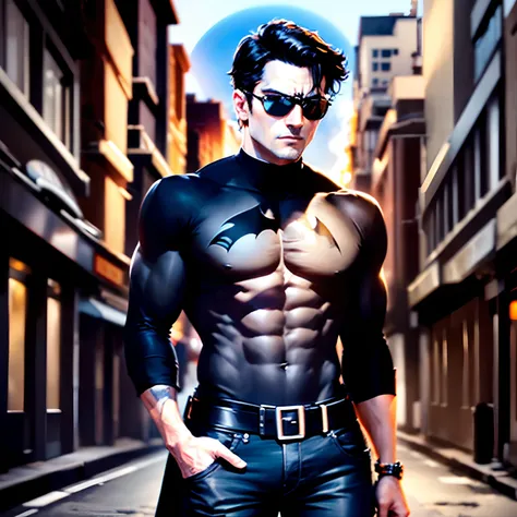 Bruce Wayne, in the style of American comics, the design, wearing a black shirt and jeans, standing on a street around buildings and the setting sun, wearing black sunglasses. Around him are a number of beautiful women wearing attractive dresses.