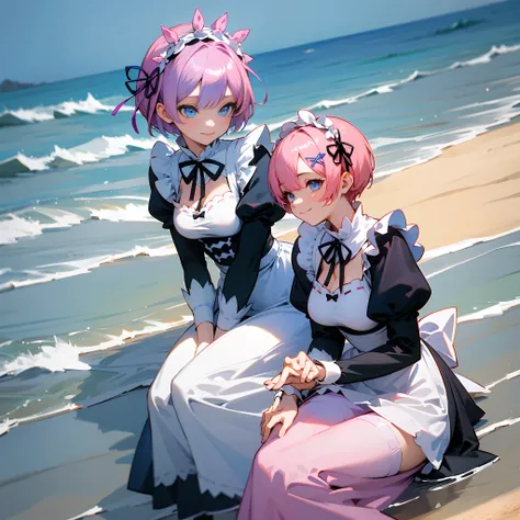 [Anime 1.5], [Rem 1.5], [Re:Zero 1.5], short hair, blue hair, maid outfit, black and white maid outfit, solo girl, smile, pink hair ribbon, cute and beautiful, highly detailed, sitting at beach, [Blue hairs 1.5]