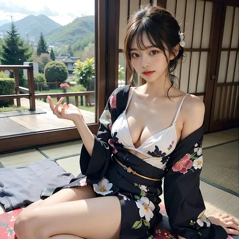 hi-school girl, A sexy, Japan Yukata, No bra, You can see the valley ,with floral pattern , Legs spread wide　 ,Legs spread, No bra ,floral Yukata