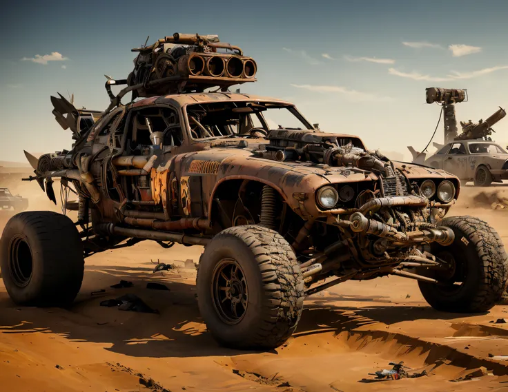 madmax style, postapocalyptic wasteland killer ratrod