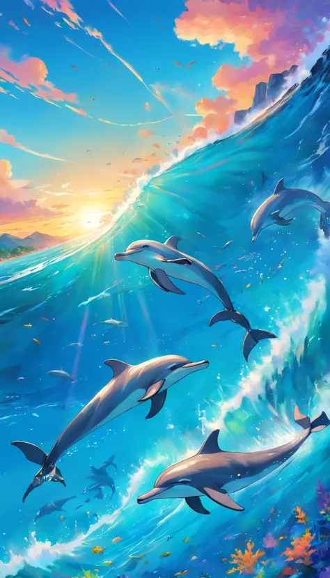 Painting of dolphins swimming in colorful ocean, Look up at the composition, Live water and whales from the sky, inspired by Cyril Rolando, dreamy psychedelic anime, colorful anime movie background, A beautiful artwork illustration, author：Shitao, colorful...