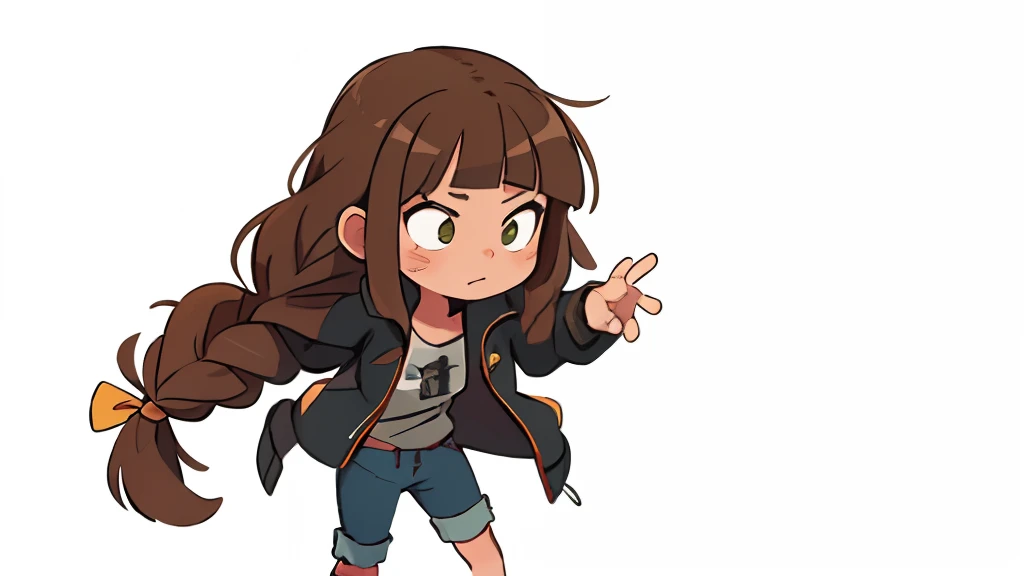 petite girl, Brown hair, long hair braided into a braid, disheveled bangs, Large jacket, fur on the collar of the jacket, black jacket, Green T-shirt, jeans, bandage on the leg, Green sneakers, green hairpins, bows on the head