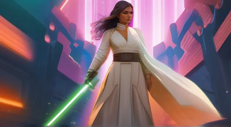 uma mulher em um vestido branco segurando um sabre de luz, Rei, Personagem de Star Wars, Jedi Feminino, Ross Tran 8 K, Alena Aenami e Artgerm, Artgerm Julie Bell Beeple, 8k arte impressionante, Lois Ross, epic digital art illustration, Arte Digital Star Wa...