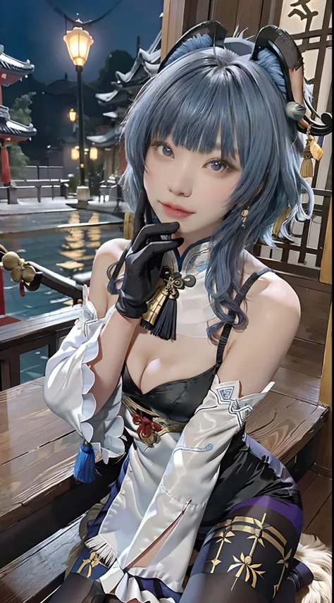 ganyu(genshin impact), 1girl, ahoge, architecture, bangs, bare shoulders, bell, black gloves, black tights, ((blue hair), blush, breasts, chinese knot, sleeve, East Asian architecture, flower knot, glove, horn, long hair, looking at the audience, medium ch...