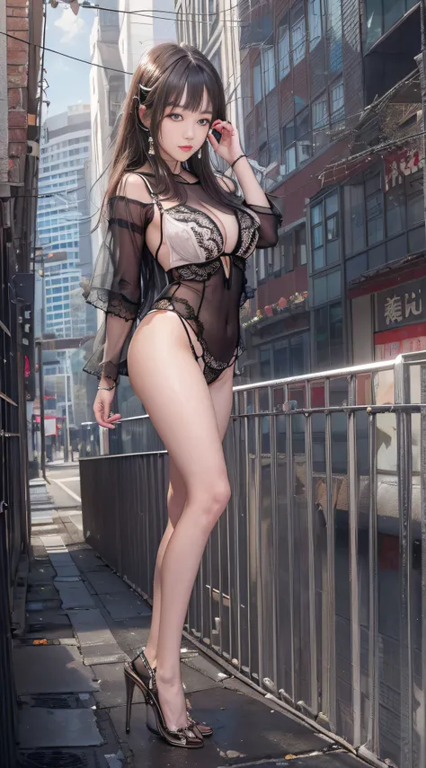 ((midynight, Need, 8K, tmasterpiece:1.3)), full bodyesbian, Long legs, Focalors:1.2, perfect figure beautiful woman:1.4, Slim abs:1.1, ((Dark brown hair, huge tit:1.2 )), (Lingerie transparent, transparent panty, standing on your feet:1.2), ((urban street ...