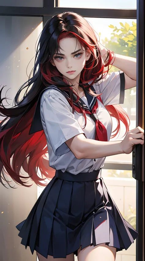 (Best Quality,4K,High resolution), 18yo woman, Red mesh hair on black hair, Long hair, Straight hair, Cool Woman,,sharp eye , buttle，fight，fighting poses，a closeup，Intricately drawn, Realistic portrayal，School classroom background，female high-school studen...