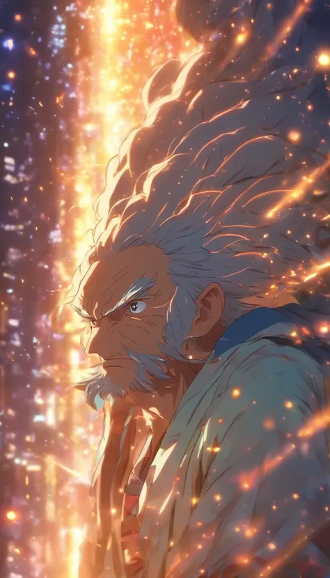 /imagine prompt: An old elder looking at the young people with a hint of determination and resolution in his eyes, ,32k, best quality, masterpiece, super detail, high details, by Makoto Shinkai ,in the style of the stars art group xing xing, --niji 5"