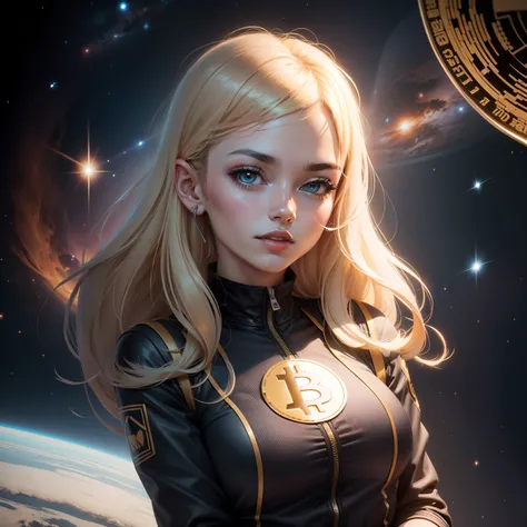 bitcoin logo, heppy women, pretty face, in the space