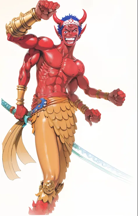 Homem alto, Pele vermelha, vermelha, nuvens, chifres, red demon 4 arms, Four arms, onepiece, espadas.