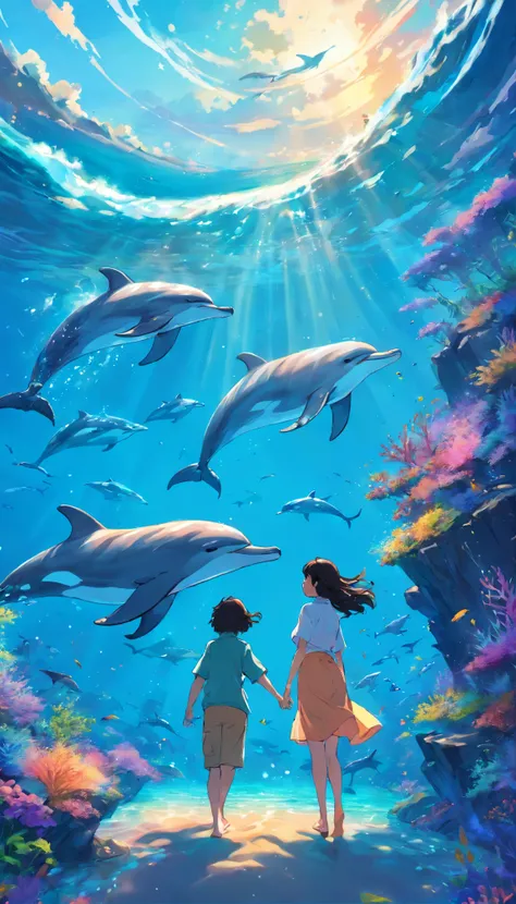 Painting of dolphins swimming in colorful ocean, Look up at the composition, Live water and whales from the sky, inspired by Cyril Rolando, dreamy psychedelic anime, colorful anime movie background, A beautiful artwork illustration, author：Shitao, colorful...