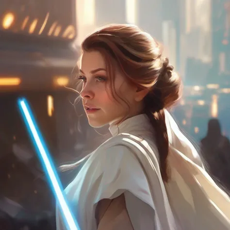 uma mulher em um vestido branco segurando um sabre de luz, Rei, Personagem de Star Wars, Jedi Feminino, Ross Tran 8 K, Alena Aenami e Artgerm, Artgerm Julie Bell Beeple, 8k arte impressionante, Lois Ross, epic digital art illustration, Arte Digital Star Wa...