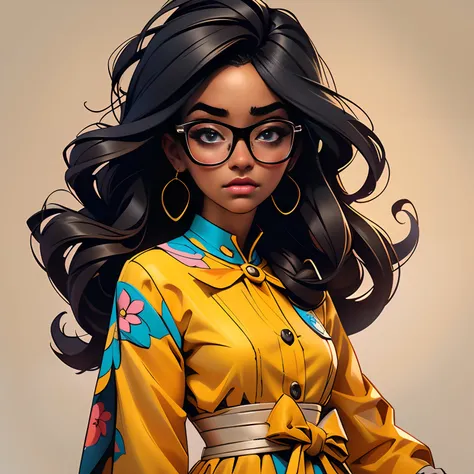 a closeup of a black woman with glasses and a colorful dress, retrato de alta qualidade, in illustration style digital, epic por...