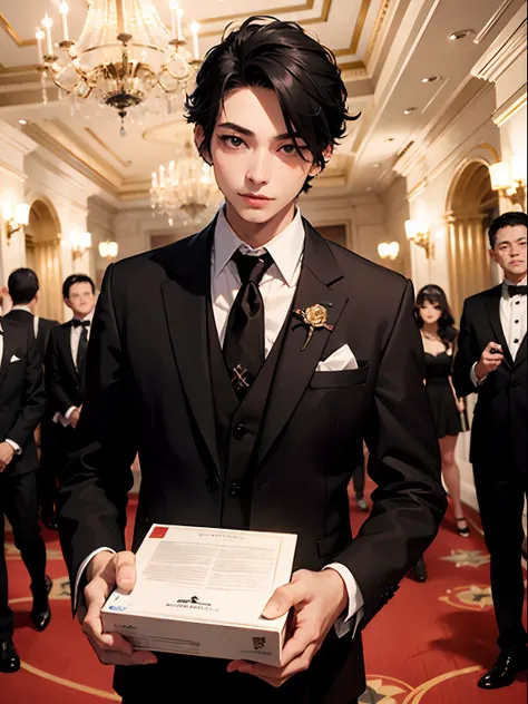 1boy,11 only、(Mans :2),(bobhair:1.5)、A dark-haired、tuxedo、Brightly colored ties、casino,Luxurious chandeliers、beautiful  lighting、hightquality、masutepiece,8K,hight resolution、