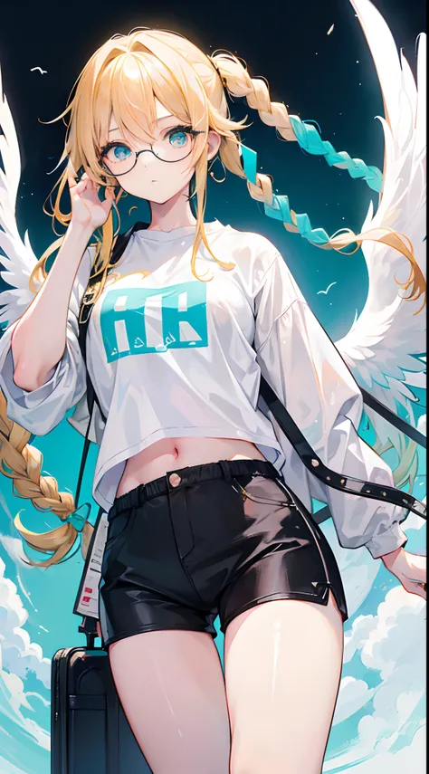 18-year-old woman with golden hair, turquoise eyes, long hair, left braid, eye glasses. Wearing a white shirt, black shorts and white wings on the back.