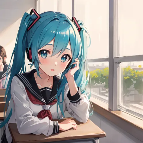 ((masterpiece)), ((best quality)), (ultra-detailed), ((kawaii)), cute, (lovely), beautiful illustration, extremely detailed game CG, Hatsune Miku, (solo:1.2), (school uniform, serafuku), ((beautiful eyes)), close-up, detailed face, focus on the face, in th...