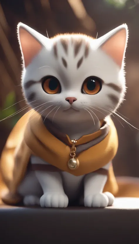 Um gato cinzento bonito, Looking at camera, Estilo Tamagochi, estilo mochi, Estilo 3D, 8k, 4k, disco Rigido, Plano de fundo claro, estilo chibi