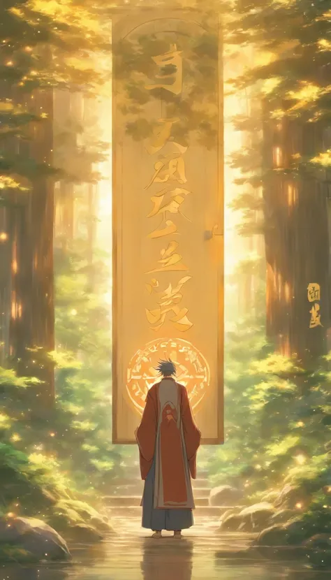 /imagine prompt: A middle-aged man with his head down, looking very dejected and guilty, standing in a quiet forest, with an open door behind him bearing the symbol of the sect, ,32k, best quality, masterpiece, super detail, high details, by Makoto Shinkai...