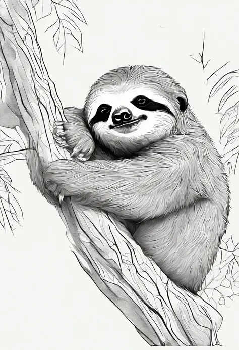 Sloth sleeping on a tree　White background　line-drawing