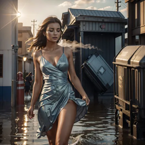 (YES NSFW), (1girl), 25yr old girl runs, girl alone escapes from floods and huge waves, (solo girl:1.3), Girl wearing a very long evening metal blue dress, windyupskirt, wind rises her dress showing groin area、((dress lift by yourself)))、(Lifted by yoursel...