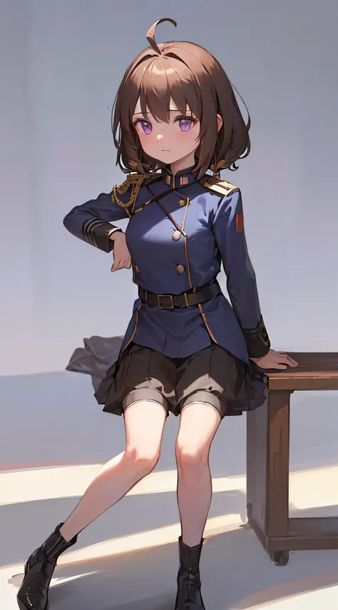 1girl, young girl, solo, a drawing of a young female military officer, (((loli))), ((short height)), (((waist-length long brown hair))), ((side parted front hair)), ((purple eyes)), shy expression, ((ahoge)), ((((black and bright blue military officer unif...