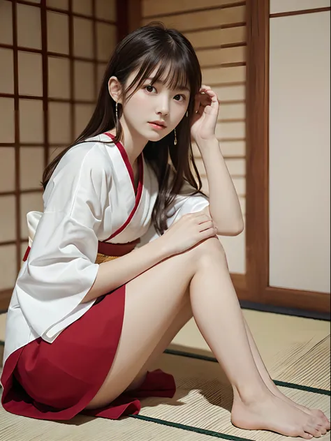 (One naked slender very small breasted girl is、She has long hair with dull bangs in a Japan priestess costume:1.5)、(Naked slender super small girl sitting in a Japanese-style room、Take off a white kimono and scarlet long skirt :1.5)、(White kimono and scarl...