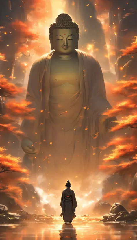 China-style，In the distance, A huge tall Buddha statue stands in space，Gaze at the earth，Standing Buddha statue，with light glowing，Glow effects，Pilgrims on the road，Hyper-realistic，Ultra photo realsisim，Real Photographics，8K，High definition，high qulity，Wor...