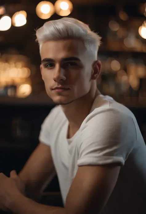 a 25 year old young man, in front of a bar, t-shirt, short white hair, looking directly at the camera, close range, hd, 8k