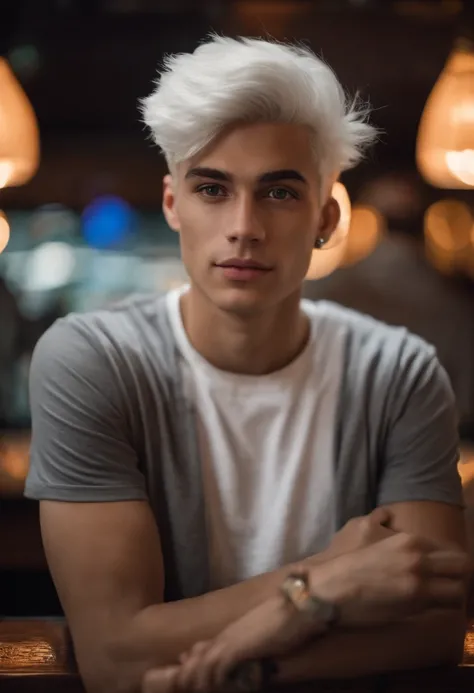 a 25 year old young man, in front of a bar, t-shirt, short white hair, looking directly at the camera, close range, hd, 8k