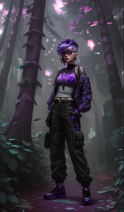 There is a woman with purple hair and a purple jacket standing in the forest, estilo cyberpunk silenciado, roupa estilo cyberpunk, no estilo cyberpunk, em um jardim cyberpunk, Arte no estilo de Guweiz, florpunk cyberpunk, cyberpunk na folhagem, em CIDADE C...