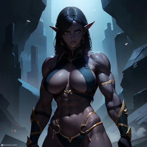 A beautiful athletic dark elf, fit muscular ripped body, big breasts, dim frontal light, underdark fantasy art, studio lighting, highly detailled, best quality, masterpiece, 8k