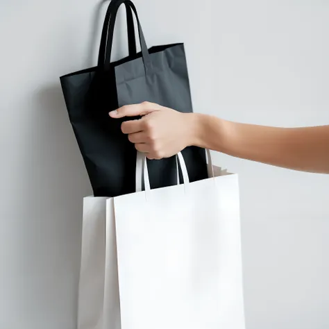 a girls hand hand on A white paper shopping bag with black handel in front of the white wall ,minimalist design, white background ,8k , highly details, photography, details, product shoot , instagram story, 9:16 , quality