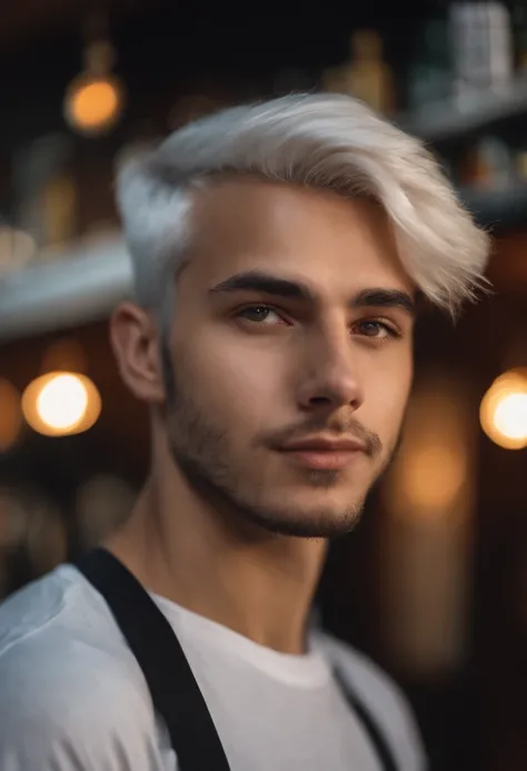 a 25 year old young man, in front of a bar, t-shirt, short white hair, looking directly at the camera, close range, hd, 8k