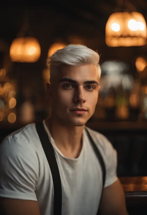 a 25 year old young man, in front of a bar, t-shirt, short white hair, looking directly at the camera, close range, hd, 8k