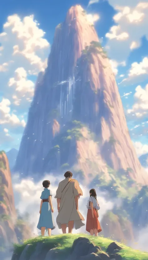 /imagine prompt: A tall man standing at the foot of the mountain, with two obedient and well-behaved girls standing beside him, smiling. More than 100 disciples following them in a grand manner. The background is a magnificent mountain range and a blue sky...