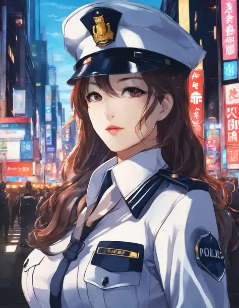 Solo, (Police uniform, Policewoman), Stockings, City lights, (Looking at the audience: 1.3), Lips apart, Red lips, Shiny skin, dent in the skin, Best quality, 超高分辨率, (Realism: 1.4),