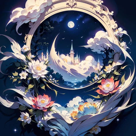 (Paper cut art style，)(Best picture quality, 4k,8k, high quality, masterpiece :1.2), super detail, Starry night view with moon and clouds in one frame, baroque painting. star lit sky, calm evening. Digital illustration, detailed dreamscape, stary night pai...