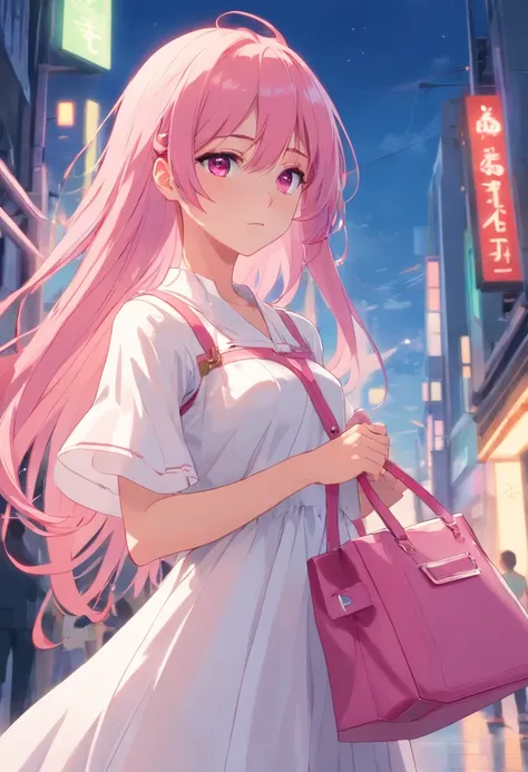 A shy girl with long pink hair, Pink eyes, A white dress, Holding a white bag