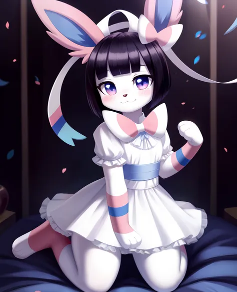 4k, master piece, best quality, kawaii, cute, sfw, sylveon, hioshiru, goth frilly dress, bob cut