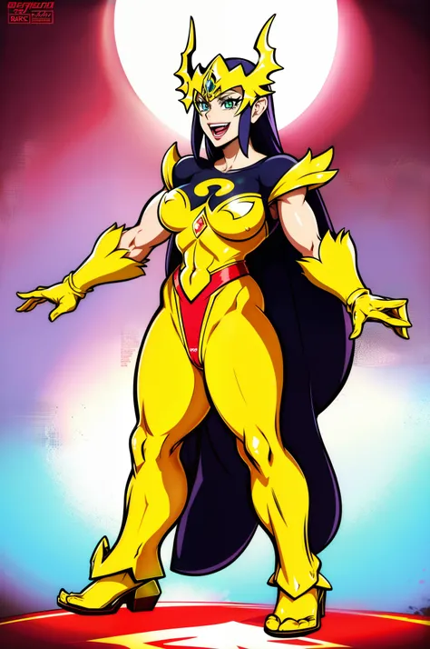 oni,sentai, heroine,superhero, standing, full body, solo focus, smile, open mouth, monstergirl