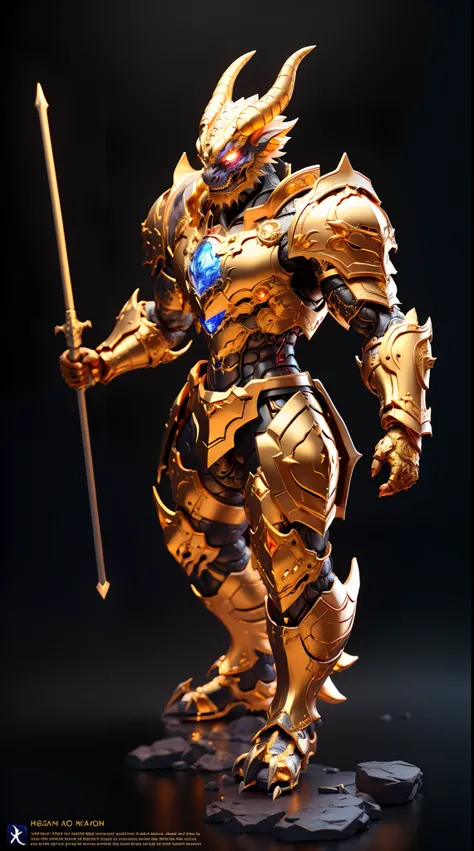 Awe-inspiring dragon guide image, Dragon head man, standing on your feet, Hold the Longsword with one hand, Wearing gold and black armor, Fantasyart, High detail, Cinematic lighting, god light, hyper HD, A high resolution