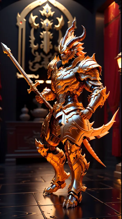 Awe-inspiring dragon guide image, Dragon head man, standing on your feet, Hold the Longsword with one hand, Wearing gold and black armor, Fantasyart, High detail, Cinematic lighting, god light, hyper HD, A high resolution