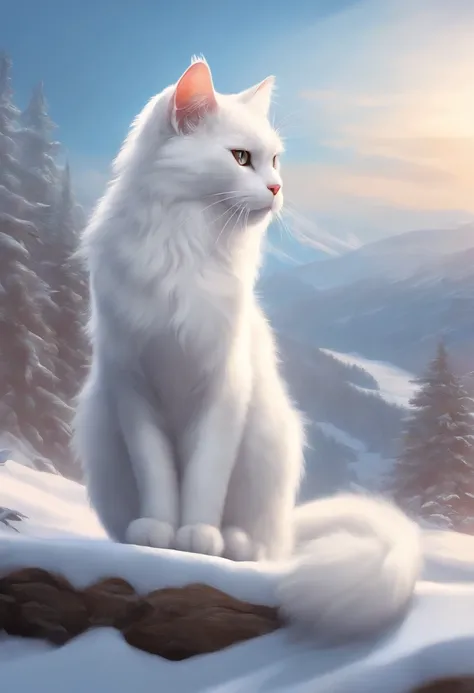 mont々There is a white cat sitting on a snow-covered hill with a background, furry fantasy art, very very beautiful furry art, onmyoji detailed art, god of cats, 4K fantasy art, wlop rossdraws, 2. 5 d cgi anime fantasy artwork, by Yang J, detailed digital 2...