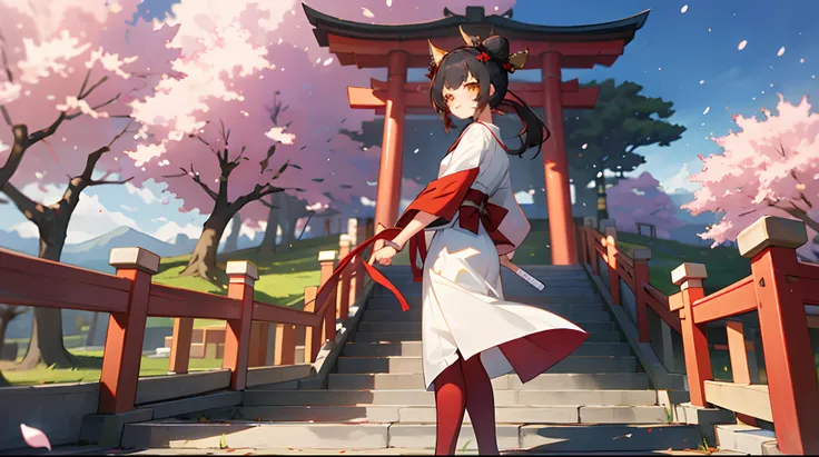 ((Masterpiece,Best quality)),Outdoors, Red torii, tree,  stairways,, 2girls, miko,miko, view the viewer, Looking back,, red legwear, Red ribbon, Black hair,Cherry blossoms, day, flower, hair-bun, Hair ribbon, Japanese clothes, komono, Long hair, Cat ears, ...