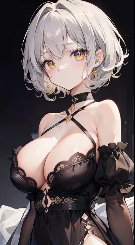 (top-quality、​masterpiece、high-level image quality、Super delicate)、((a beauty girl))、(Smooth dull silver hair)、(curly short hair、Long bangs)、Yellow eyes like a brilliant sunset、Black Choker、Black shirt、Idle Streamer、Moderately large breasts、(dark circles u...