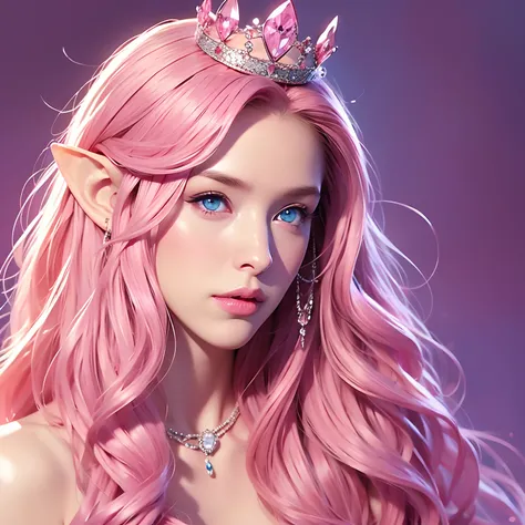 A woman, long curly hair, pink hair, blue eyes, elf, queen, crown, jewel