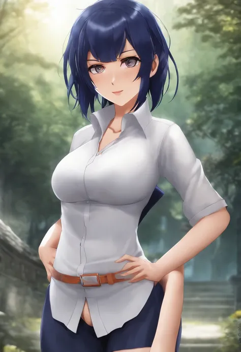 1 solo girl, detailed render of Hinata Hyuga, high quality with, white shirt without buttons, big breasts, dark blue hair, standing, anime character, Hinata Hyuga create every detail of appearance, sexy