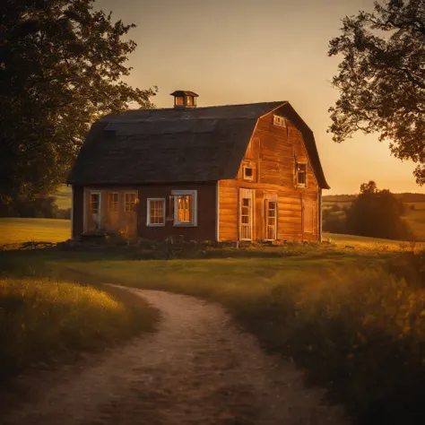 (golden hour),(photorealistic) country backdrop,sunset,high detail of a small farmhouse in the distance