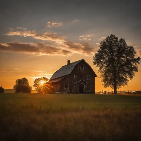 (golden hour),(photorealistic) country backdrop,sunset,high detail of a small farmhouse in the distance