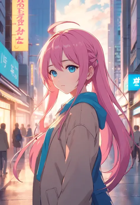 Anime girl with long pink hair and blue eyes in the city, style of anime4 K, pink twintail hair and cyan eyes, Cute anime girl, up of young anime girl, pretty anime girl, anime visual of a cute girl, portrait of cute anime girl, An anime girl, Beautiful an...