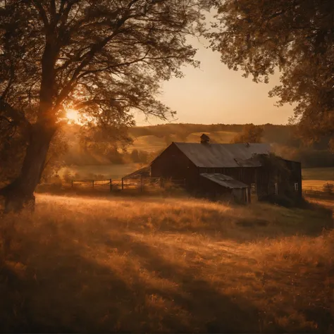 (golden hour),(photorealistic) country backdrop,sunset,high detail of a small farmhouse in the distance